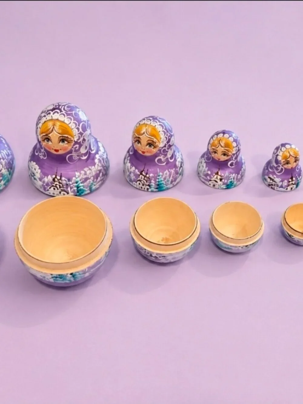 Vintage Russian Babushka Nesting Dolls Purple Wood Traditional 9 Piece Set